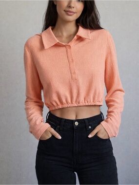 Kittenish Peach Cropped Collared Long-Sleeve Top